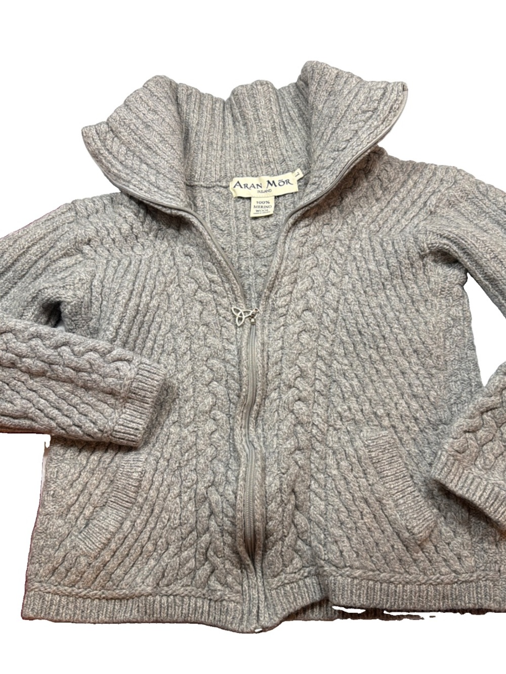 Aran Mor GRAY CARDIGAN zip SWEATER Women's Large Merino Wool Cable KNIT Pockets